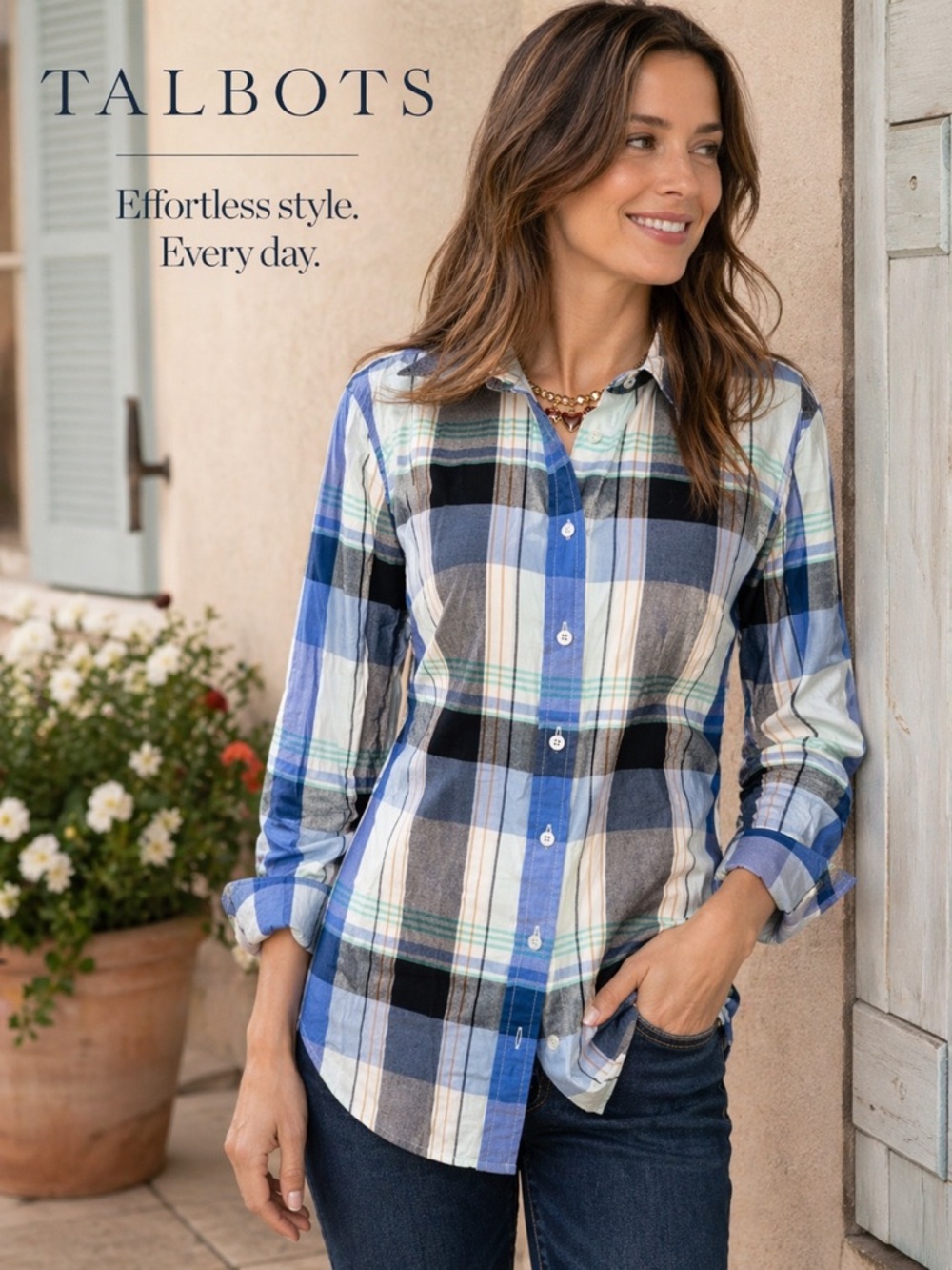 Talbots Multicolor Plaid button down‎ shirt large 100% cotton